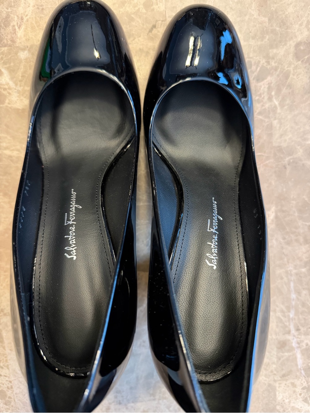 Salvatore Ferragamo Black Patent Leather Round-Toe Ballet Flats